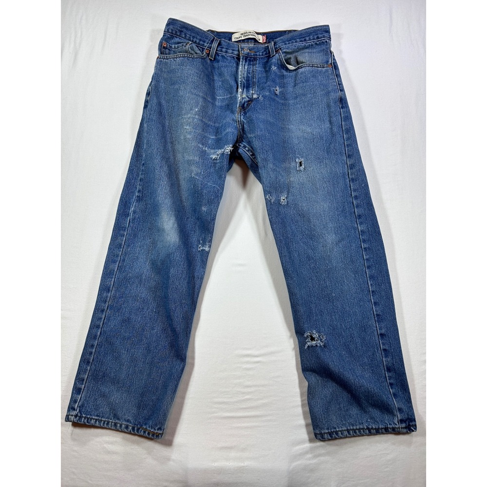 Levis Regular Fit Distressed Blue Denim Jeans Mens 38x30 Straight Leg Distressed
